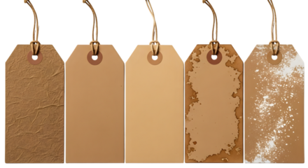 Five blank kraft paper price tags with string hanging in a row, isolated on transparent background