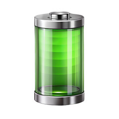 Full battery icon isolated on transparent background, showcasing a vibrant green energy level within a sleek, modern design, perfect for indicating power or charge status