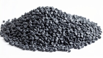 Black plastic granules on white background for editorial industrial photography materials science decor and poetic transformation-themed visuals