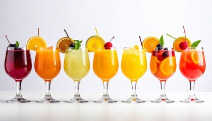 Eight colorful fruit juices or cocktails with garnishes on white surface for editorial beverage photography wellness decor and poetic refreshment-themed visuals