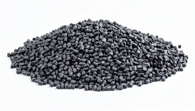 Black plastic granules on white background for editorial industrial photography materials science decor and poetic transformation-themed visuals