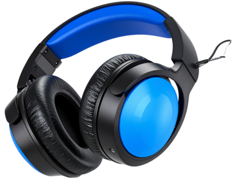 Angled Side View 3D Headset Icon in Black and Blue, Microphone Attached, Isolated