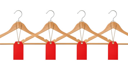 Four wooden hangers with red sale tags hanging in a row, isolated on transparent background