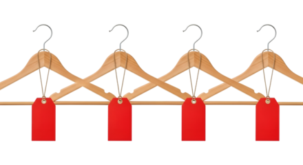 Four wooden hangers with red sale tags hanging in a row, isolated on transparent background