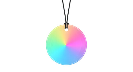 A colorful circular pendant with a rainbow gradient, suspended by a black cord, isolated on a transparent background
