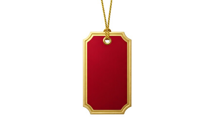 A blank red gift tag with a gold border and a gold string, isolated on transparent background