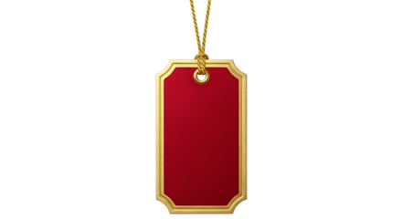 A blank red gift tag with a gold border and a gold string, isolated on transparent background