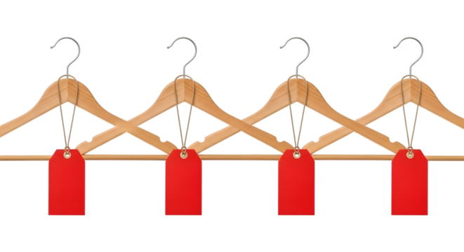 Four wooden hangers with red sale tags hanging in a row, isolated on transparent background - Powered by Adobe
