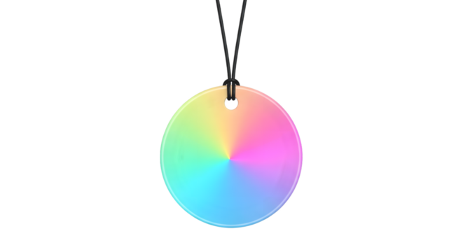 A colorful circular pendant with a rainbow gradient, suspended by a black cord, isolated on a transparent background