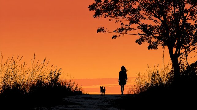 Silhouette of girl walking with dog at sunset along countryside path representing friendship peace and freedom in nature on orange background - Powered by Adobe