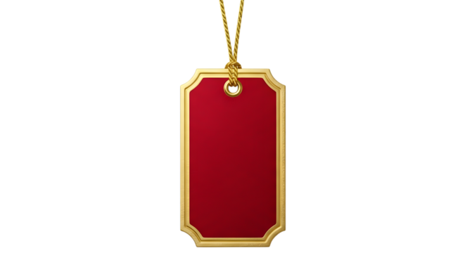 A blank red gift tag with a gold border and a gold string, isolated on transparent background