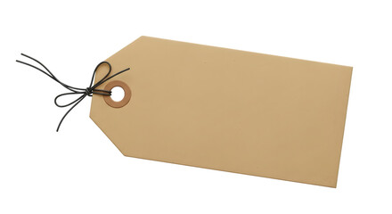 Blank brown cardboard tag with string, isolated on transparent background