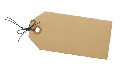 Blank brown cardboard tag with string, isolated on transparent background