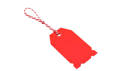 A single red gift tag with a red and white string attached, isolated on a transparent background