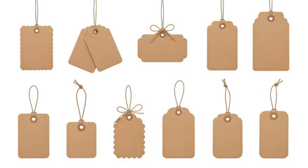 Collection of various blank kraft paper tags with string, isolated on transparent background