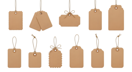 Collection of various blank kraft paper tags with string, isolated on transparent background