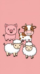 Obraz premium Adorable Farm Animals Cartoon Illustration on Pink Background.