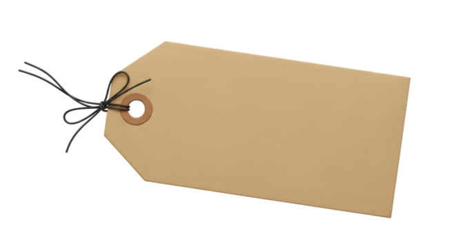 Blank brown cardboard tag with string, isolated on transparent background