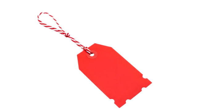 A single red gift tag with a red and white string attached, isolated on a transparent background