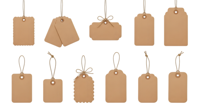Collection of various blank kraft paper tags with string, isolated on transparent background