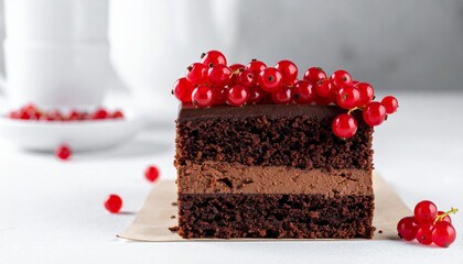 Chocolate cake slice with ganache topping and red currants on parchment paper for editorial dessert photography gourmet decor and poetic indulgence-themed visuals
