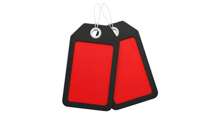 Two blank red and black price tags hanging together, isolated on transparent background