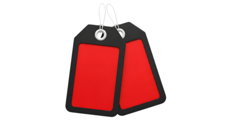 Two blank red and black price tags hanging together, isolated on transparent background