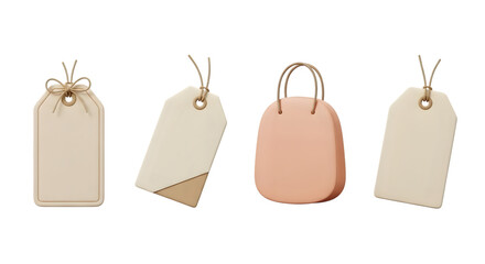 Four blank gift tags and a small peach shopping bag isolated on transparent background