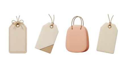 Four blank gift tags and a small peach shopping bag isolated on transparent background