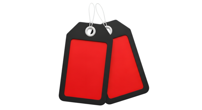 Two blank red and black price tags hanging together, isolated on transparent background