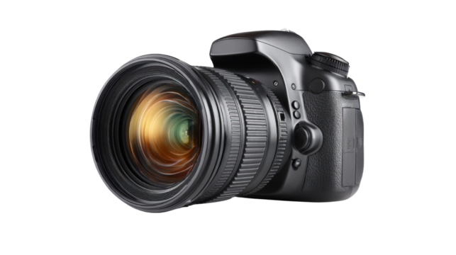 Professional black DSLR digital camera with zoom lens front view representing photography technology and modern equipment for photographers on black background - Powered by Adobe