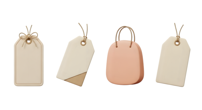 Four blank gift tags and a small peach shopping bag isolated on transparent background