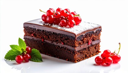 Chocolate cake slice with ganache topping and red currants on parchment paper for editorial dessert photography gourmet decor and poetic indulgence-themed visuals