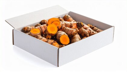 Wooden crate filled with turmeric roots on rustic surface for editorial food photography wellness decor and poetic vitality-themed visuals