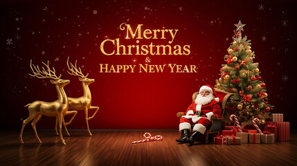 Christmas and New Year Greetings with Santa and Christmas Tree on red background for flayers, banners, backgrounds, greetings, text space