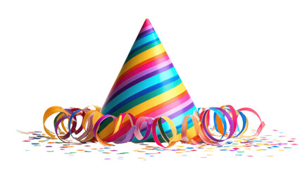 Colorful striped party hat with confetti and ribbons representing celebration joy festive event decoration and birthday concept on black background