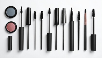 Makeup pencils and neutral eyeshadow palette on white surface for editorial beauty photography cosmetic decor and poetic transformation-themed visuals