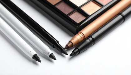 Makeup pencils and neutral eyeshadow palette on white surface for editorial beauty photography cosmetic decor and poetic transformation-themed visuals