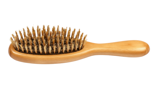 Natural wooden brush with bristle fibers used for grooming cleaning and hygiene representing eco friendly lifestyle and self care on black background