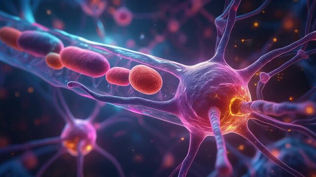 Digital illustration of mitochondrial transport and organelle contact sites within a neuron, visualizing metabolic energy transfer