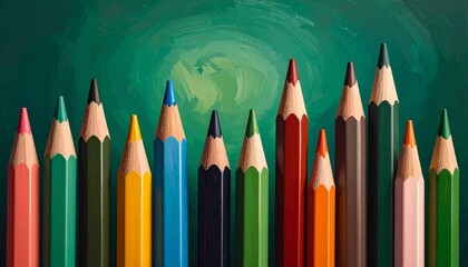 Vertical row of colored pencils with vibrant tips against green background for editorial education photography school supplies decor and poetic precision-themed visuals