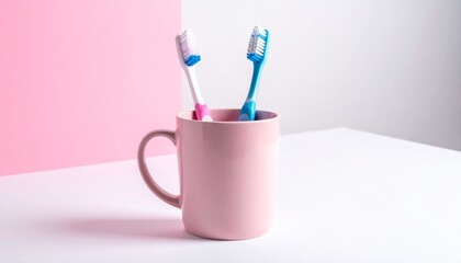 Toothbrushes in pink cup with pastel background and green plant for editorial hygiene photography bathroom decor and poetic routine-themed visuals