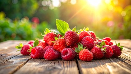 Fresh raspberries with green leaves on rustic wooden surface in golden hour garden setting for editorial food photography harvest decor and poetic abundance-themed visuals
