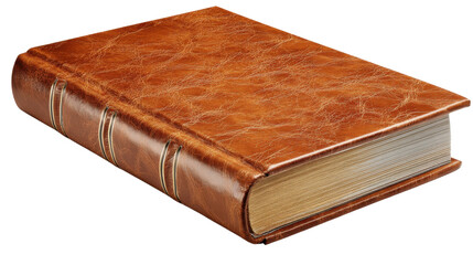 Antique thick brown leather book with textured cover symbol of knowledge literature history and vintage education concept on white background