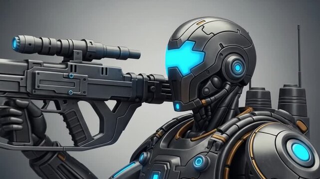 Futuristic Soldier Illustration in Metallic Armor Holding a Weapon Concept