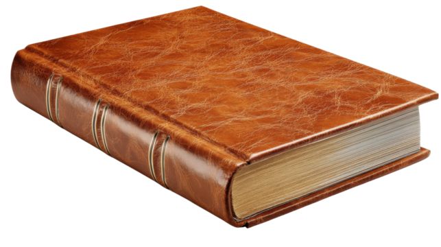 Antique thick brown leather book with textured cover symbol of knowledge literature history and vintage education concept on white background