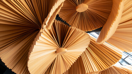 Unique ceiling decor with repeating fan patterns created from light colored wood. Abstract modern design with repeated patterns creates a unique and visually striking image.