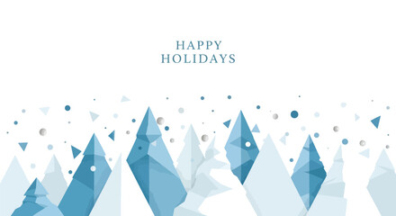 Happy holidays greeting card with a minimalist geometric winter forest landscape and falling snow