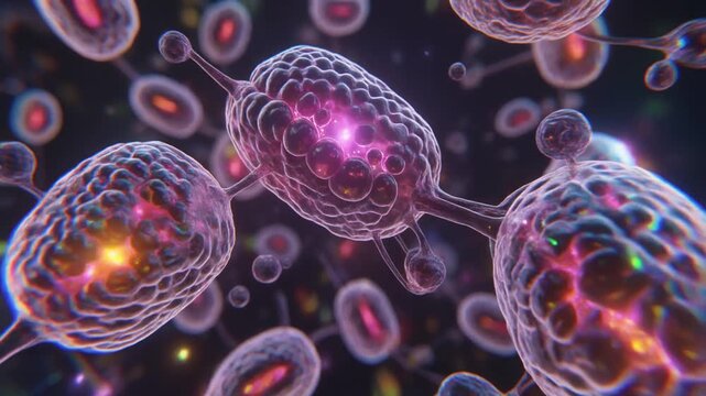 Abstract visualization of glowing cellular structures dividing and connecting, illustrating the concept of mitochondrial fission and biological energy transfer