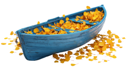 Rustic blue wooden boat filled with yellow autumn leaves symbolizing nostalgia, change, and seasonal beauty composition on white background